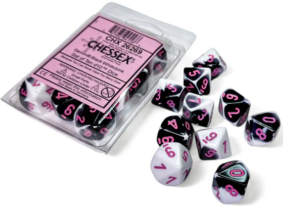 Chessex Dice - Gemini Black-White with Pink - Set of 10 D10 - CHX 26269