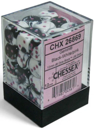 Chessex Dice - Gemini Black-White with Pink - Set of 36 D6 - CHX 26869
