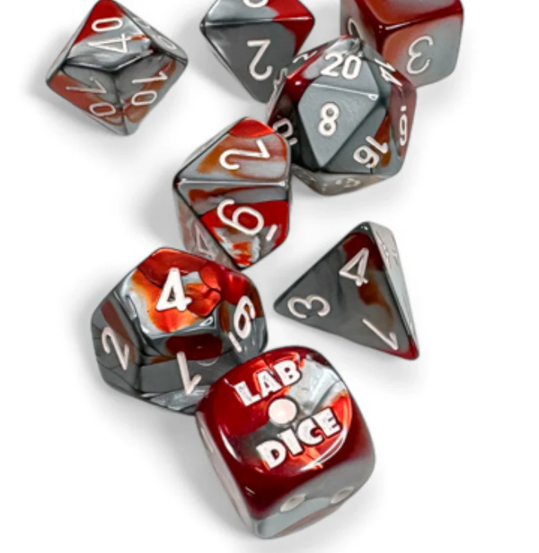 Chessex Dice - Lab Dice - 7-Die Set - Gemini - Polyhedral Red Steel with White