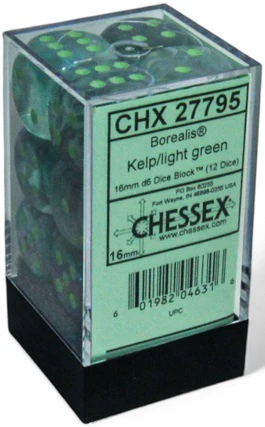 Chessex Dice - Luminary Borealis Kelp with Light Green - Set of 12 D6 - CHX 27795