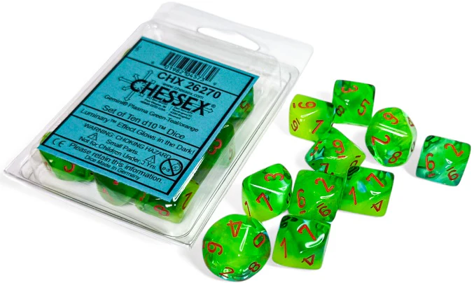Chessex Dice - Luminary Gemini Plasma Green-Teal with Orange - Set of 10 D10 - CHX 26270