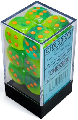 Chessex Dice - Luminary Gemini Plasma Green-Teal with Orange - Set of 12 D6 - CHX 26670