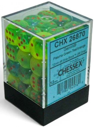 Chessex Dice - Luminary Gemini Plasma Green-Teal with Orange - Set of 36 D6 - CHX 26870