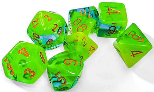 Chessex Dice - Luminary Gemini Plasma Green-Teal with Orange - Set of 7 - CHX 26470