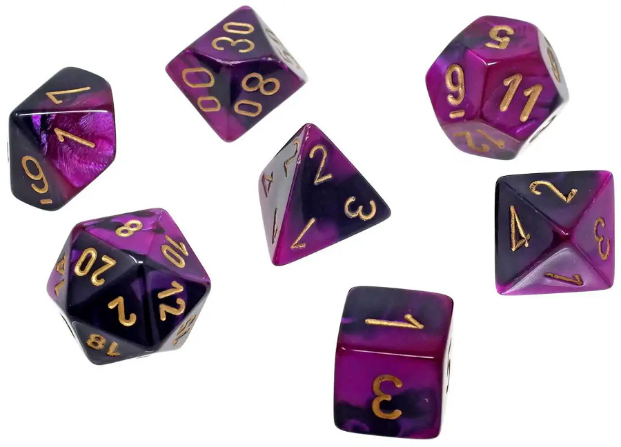 Chessex Dice - Mini Gemini Black-Purple with Gold - Set of 7 - CHX 20640