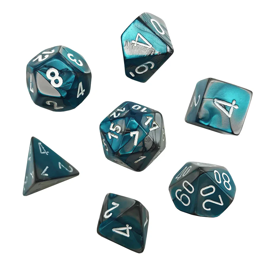 Chessex Dice - Mini Gemini Steel-Teal with White - Set of 7 - CHX 20656