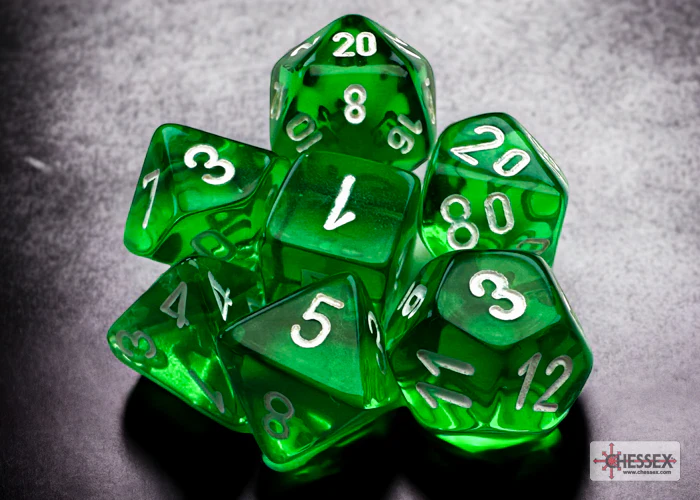Chessex Dice - Mini Translucent Green with White - Set of 7 - CHX 20375