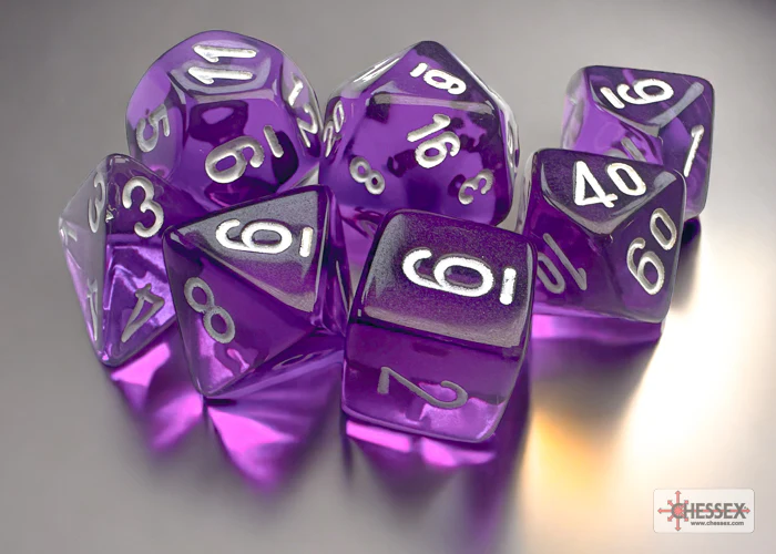Chessex Dice - Mini Translucent Purple with White - Set of 7 - CHX 20377
