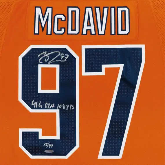 Upper Deck Authenticated - Connor McDavid Autographed & Inscribed “41 G, 67 A, 108 Pts” Edmonton Oilers Orange Adidas Authentic Jersey - Image 3